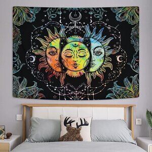 Psychedelic Burning Sun Moon Stars Tapestry Mandala Living Room Bedroom Dorm NWT